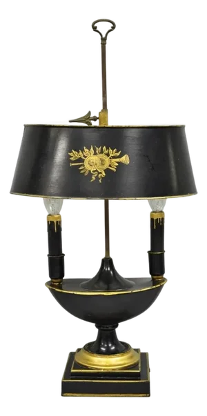 Antique French Empire Black & Gold Tole Metal Urn Bouillotte Table Lamp W Shade