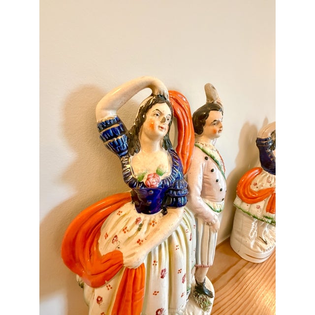 Ceramic Antique Dancing Couple with Mask Mantel Figurines from Staffordshire, England, 1860, Set of 2 For Sale - Image 7 of 18