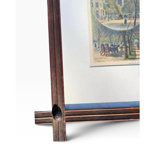 Coffee Antique 1870s Hand-Colored Engraving “Brooklyn Street-Scenes” From Picturesque America, in Victorian Crossed-Corner Stick Frame For Sale - Image 8 of 8