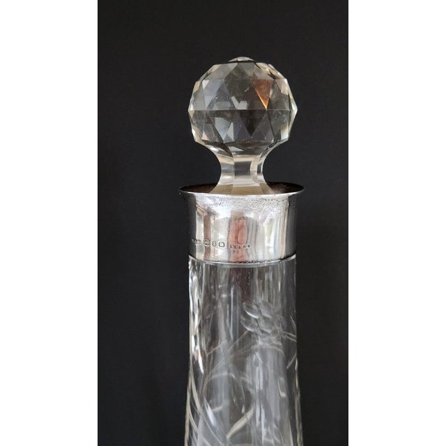 Antique English Sterling Silver & Cut Crystal Decanter Pair — 1899 Birmingham j.g & S Hallmarked, Etched Floral Pattern, Edwardian Bar Cart Accents For Sale - Image 13 of 16