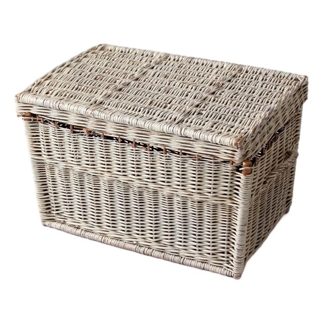 Vintage White Wicker Storage Basket For Sale