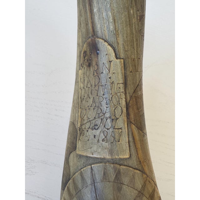 Bone Antique July 1851 Scrimshaw Powder Horn 14" Engraved Sailing Boats, Hunting Dog & Rifle, Flying Birds Compass and Hearts Marked N.Newell For Sale - Image 7 of 10