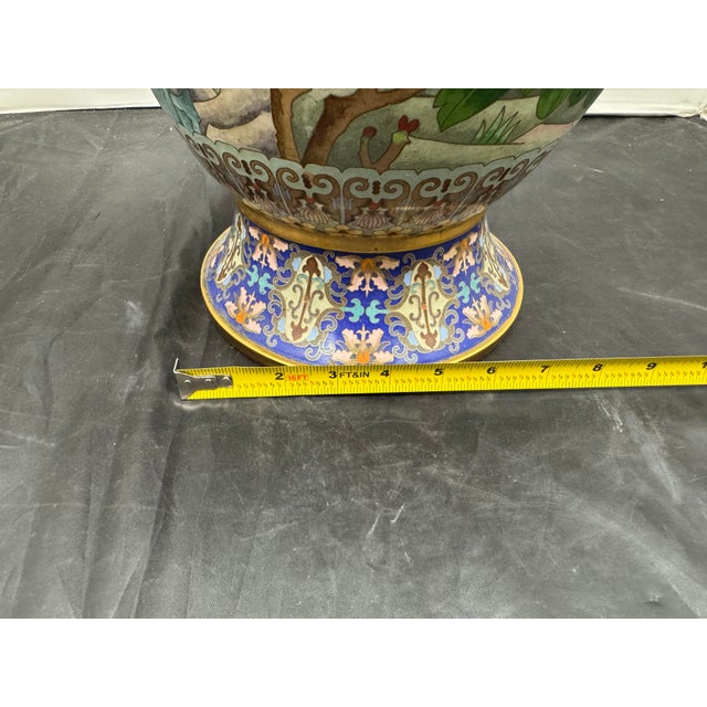 Large 20" Chinese Cloisonne Enamel Vase Cobalt Blue Birds Cherry Blossom Vintage For Sale - Image 11 of 12