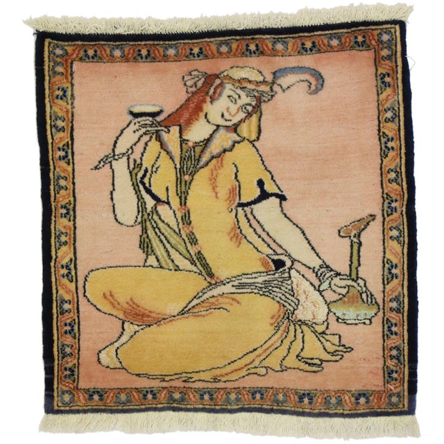 Vintage Persian Khamseh Pictorial Rug, Persian Wall Hanging - 01'08 X 01'08 For Sale - Image 9 of 9