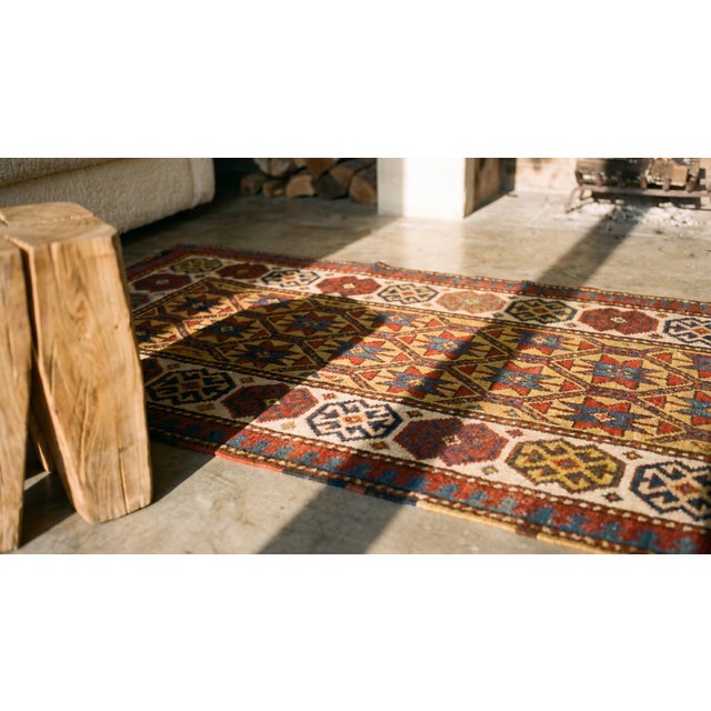 Textile 1890s Yellow Geometric Rustic Antique Caucasian Moghan Rug 3'2" X 8'10" Handknotted Wool Carpet For Sale - Image 7 of 7