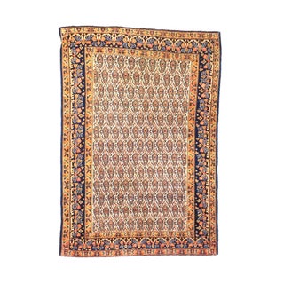 Antique Persian Senneh Wool 4x6 Navy, Gold & Orange Handmade Area Rug #1143202 For Sale
