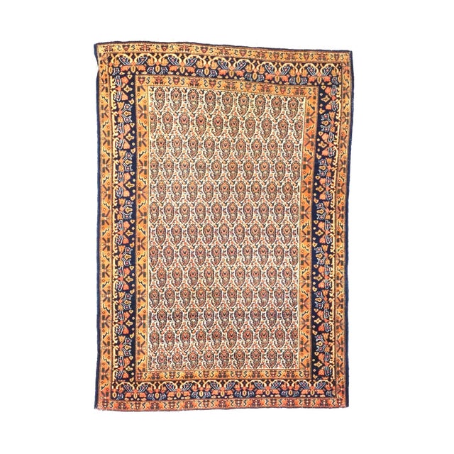 *Close-Out* Condition: Antique Circa: 1920s Origin: Persia Design: Senneh Actual size: 4.5 x 6.5 Color: Blue, Gold,...