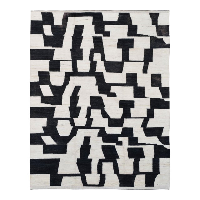 Black & White Handknotted Modern Wool Rug For Sale