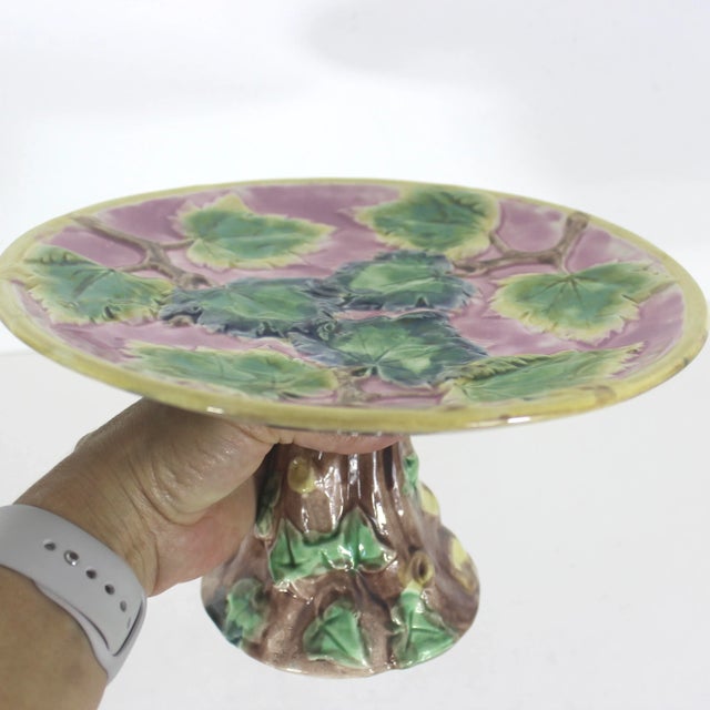 Antique Etruscan Majolica Cake Stand, Round Pink Yellow Green Leaf Motif Platter With Faux Bois and Ivy Base Makers Mark For Sale - Image 9 of 11