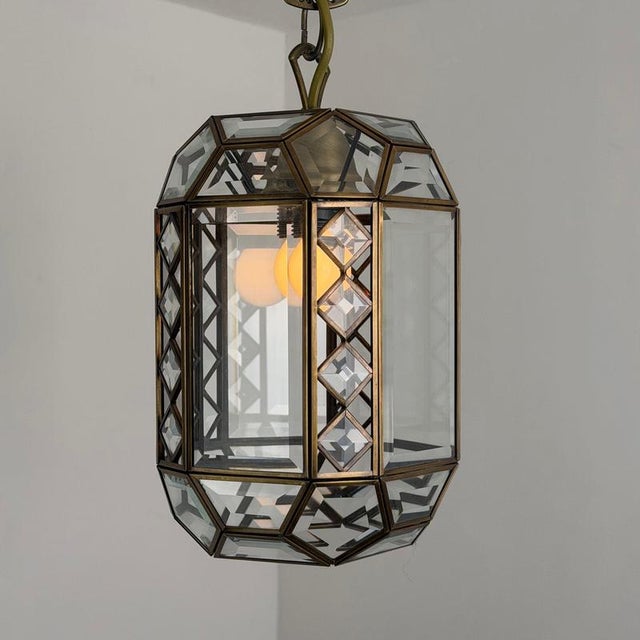 Art Deco Italian Revival Brass and Beveled Glass Lantern, 1970s For Sale - Image 4 of 18