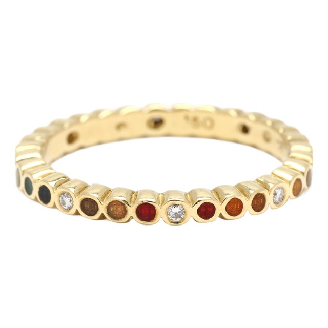 Diamond Enamel Multi-Color Band Ring, 18k Yellow Gold, Ring Size 6.75 For Sale