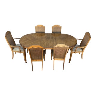 Late 20th Century Oak and Cane Dining Set With Oval Extending Table and Six Chairs For Sale