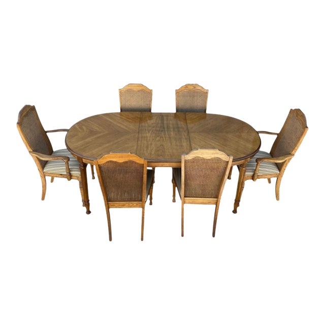 Late 20th Century Oak and Cane Dining Set With Oval Extending Table and Six Chairs For Sale