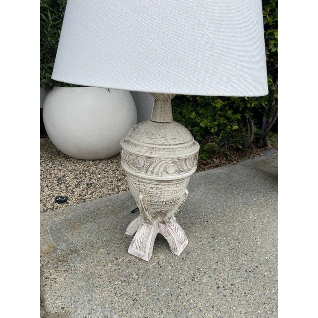 Pretty white and gold leaf ceramic lamp. Hand painted, this mid century table lamp is a stunner! New custom linen shade...
