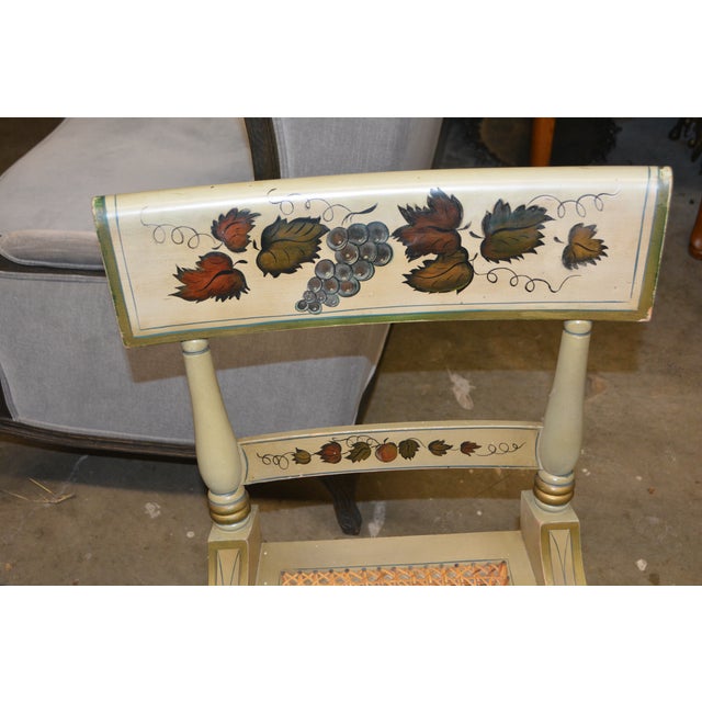 Farmhouse Vintage Pair Green Hitchcock Style Painted / Stenciled Dining or Side Chairs With Cane Seats For Sale - Image 3 of 18