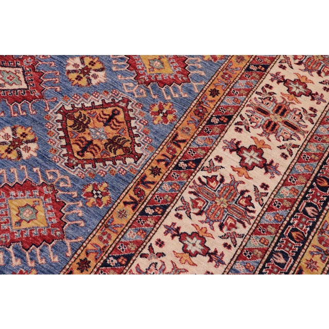 Textile Shabby Chic Tribal Super Kazak Blue/Beige Wool Rug - 9'0'' X 12'1'' For Sale - Image 7 of 10