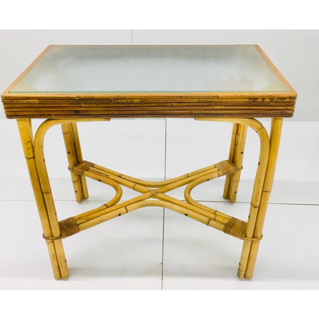 Vintage Bamboo Rattan Glass Top Console Accent Table. The table feature vintage textured glass top, quarter round outer...