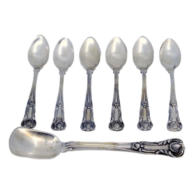 Silver Coffee Spoons and Sugar Shovel with Shell-Shaped Reliefs, Set of 6 For Sale