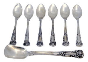 Silver Coffee Spoons and Sugar Shovel with Shell-Shaped Reliefs, Set of 6