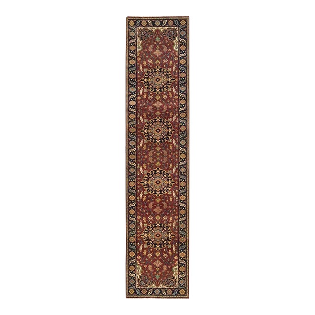 2010s Rust Red, Antiqued Sarouk Re-Creation, Natural Dyes Densely Woven, Natural Wool Hand Knotted, Runner Oriental Rug For Sale