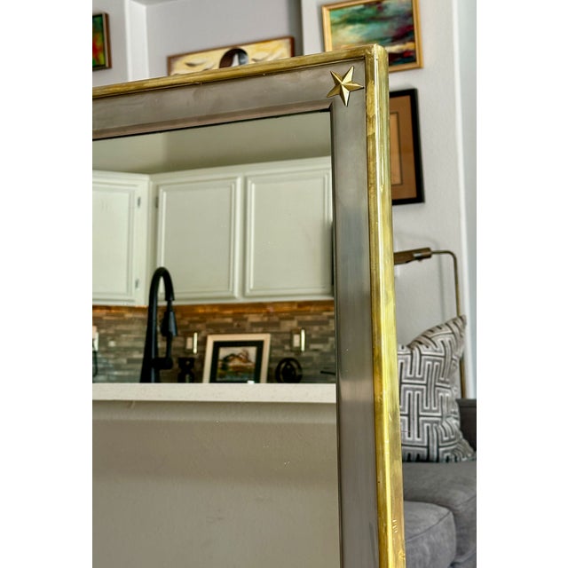 French Directoire Style Brushed Steel and Brass Wall Mirror Star Accents For Sale - Image 9 of 18