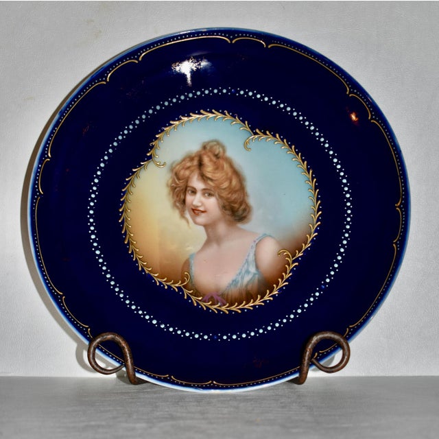 Antique Vienna Style Cobalt Blue Porcelain Cabinet Portrait Plate Hand Painted For Sale - Image 9 of 13