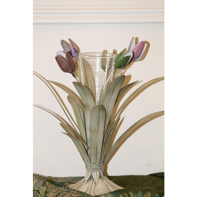 Rare, Vintage Italian Tole Metal Tulip Vase, W/ Center Glass Vase Insert For Sale - Image 4 of 7