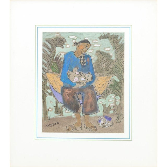 Duong (XX-XXI), Mother, Child, and Recumbent Dog Amongst a Landscape Scene, Mixed Media on Toned Paper, 1996, signed and...