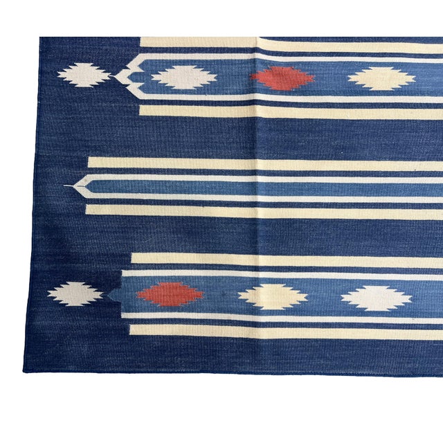 Handmade Cotton Area Rug, Vegetable Dyed, Indigo Blue, Cream and Terracotta Striped Dhurrie -6'x9' For Sale - Image 12 of 13