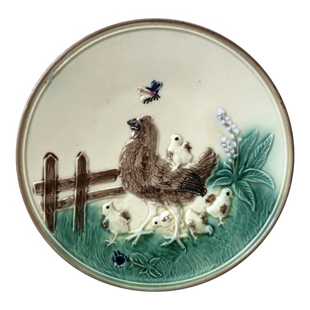 German Majolica Hen & Chicks Wall Plate Circa 1900 For Sale