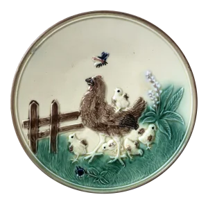 German Majolica Hen & Chicks Wall Plate Circa 1900