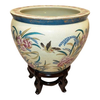 Vintage Asian Ceramic Koi Fish Bowl Planter Jardiniere on Stand For Sale