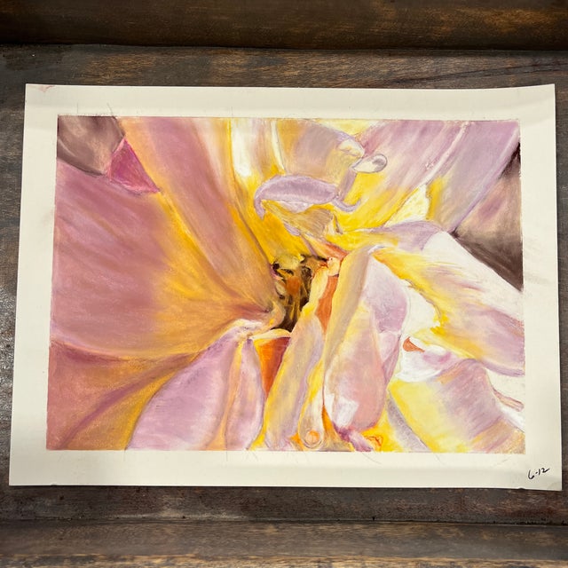 A beautiful original oil pastel floral artwork featuring an intimate, close-up view of a blooming flower in a luminous...