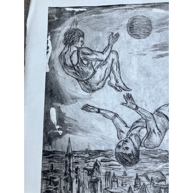 1980s 1980’s Original Surreal Large Etching Acrobats Flying Over Village For Sale - Image 5 of 7