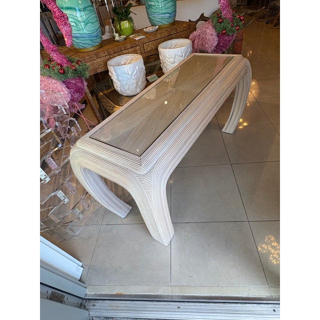 Vintage Coastal Palm Beach Pencil Reed Rattan Ming Console Table New Glass Top For Sale - Image 4 of 15