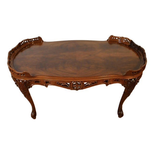 1930s French Carved Mahogany / Flame Mahogany Top Coffee Table For Sale