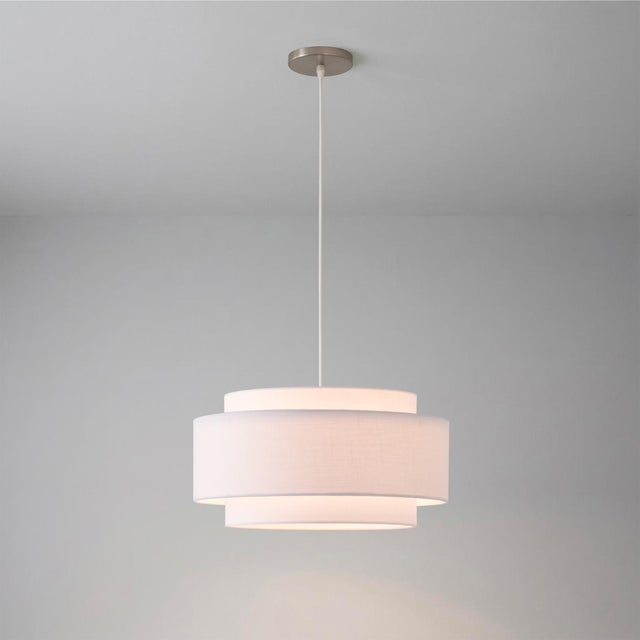 Nova Coronado Pendant Light Kit - Drum White Linen Shade, Satin Nickel Body, Dimmable For Sale - Image 4 of 6