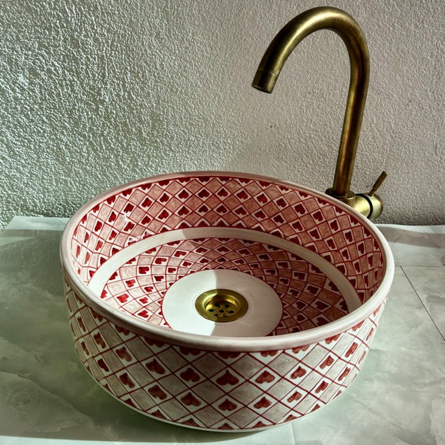 Moroccan Moroccan Modern Hearts Pink Ceramic Vessel Sink With Brass Drain For Sale - Image 3 of 9