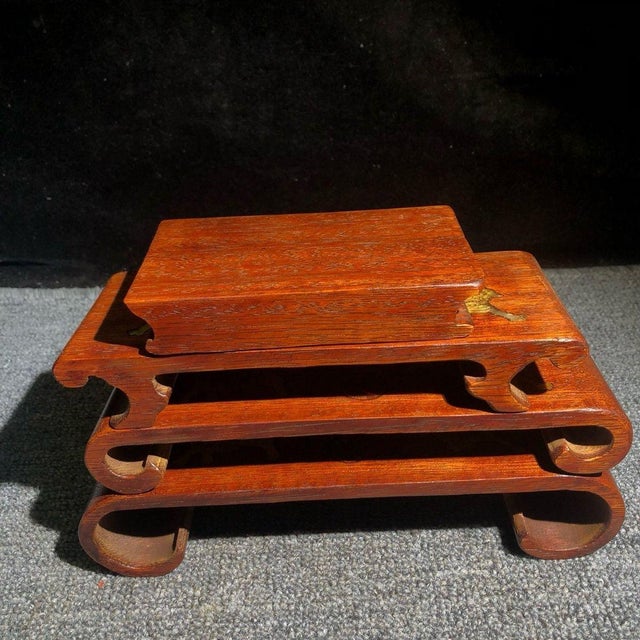 Chinese Set of 4 Vintage Rosewood Display Stands With Mother-of-Pearl Qilin Inlay For Sale - Image 3 of 9