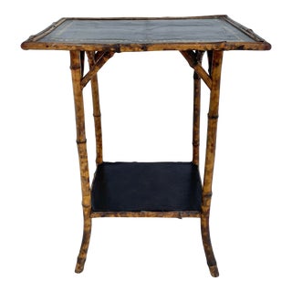 Antique Burnt Bamboo Tortoise Finish Leather Topped Side Table For Sale