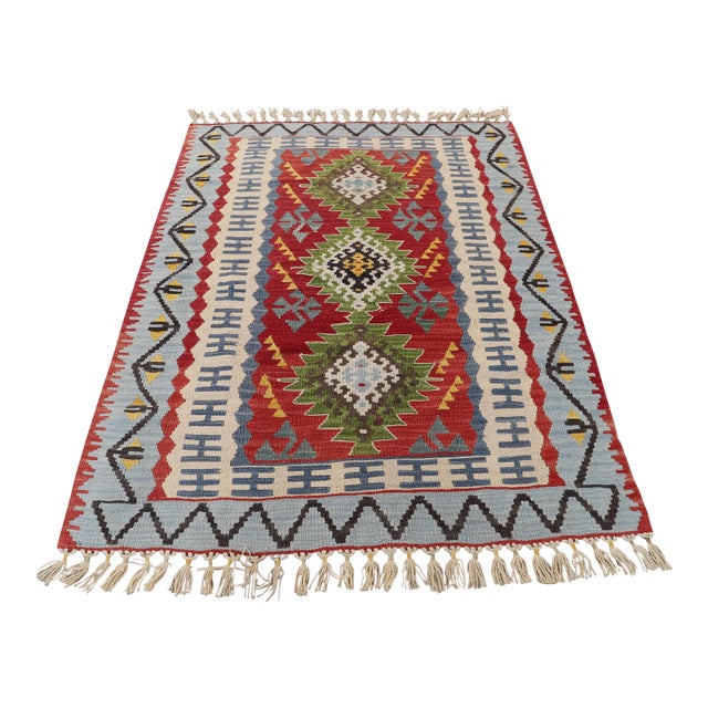 1960s Tribal Red Hand Knotted Kilim Rug For Sale