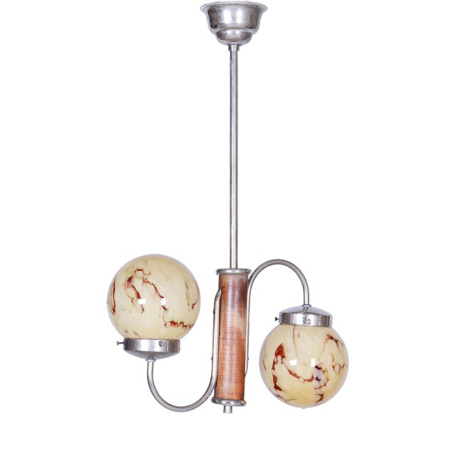 Czech Art Deco Pendant in Chrome, Walnut and Marble Glass, 1920s For Sale