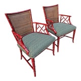 Vintage Chinoiserie Coral Red Faux Bamboo Cane-Back Armchairs- Set of 2 For Sale