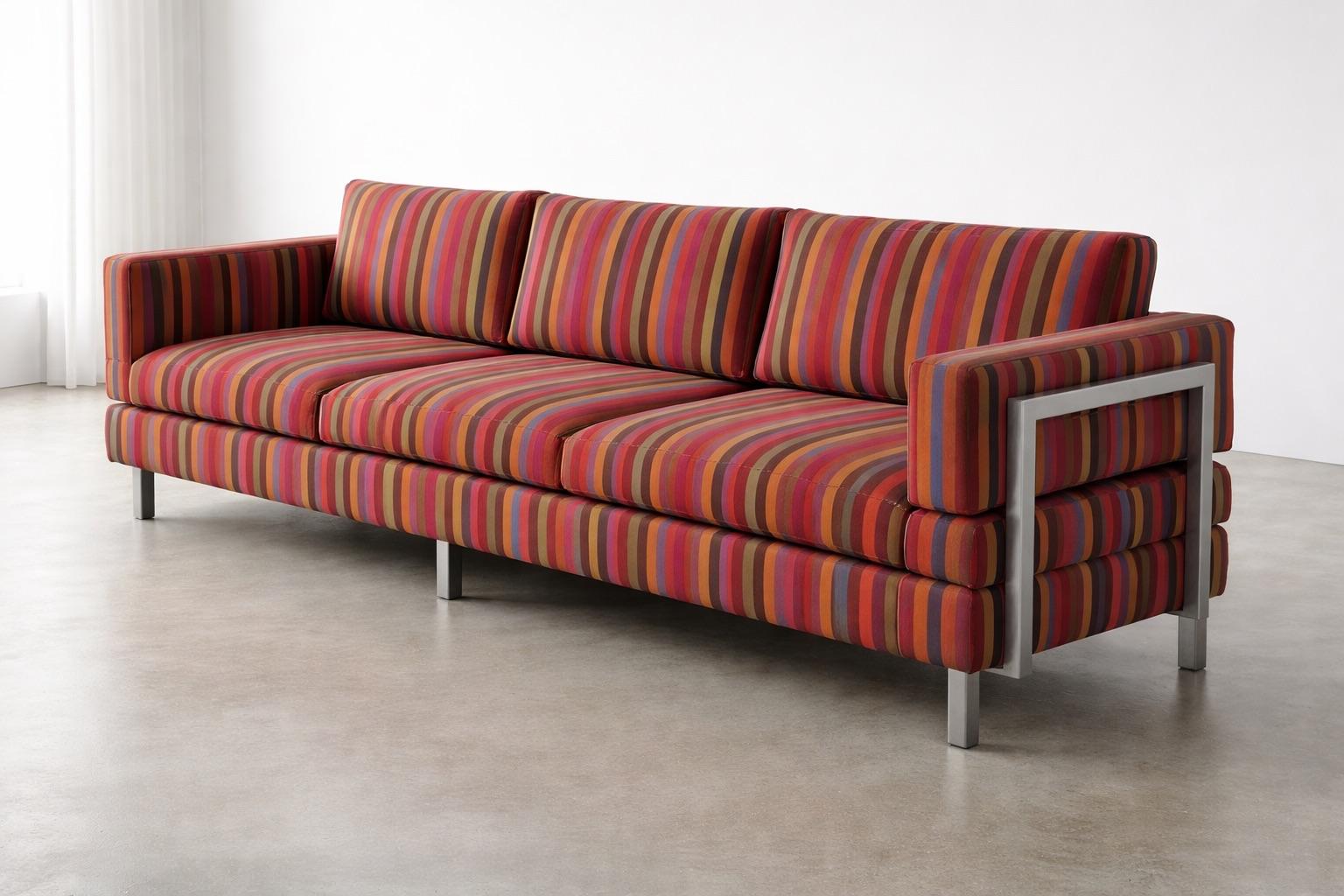 Modern Striped Sofa With Exposed Brushed Metal Frame Detail, Late