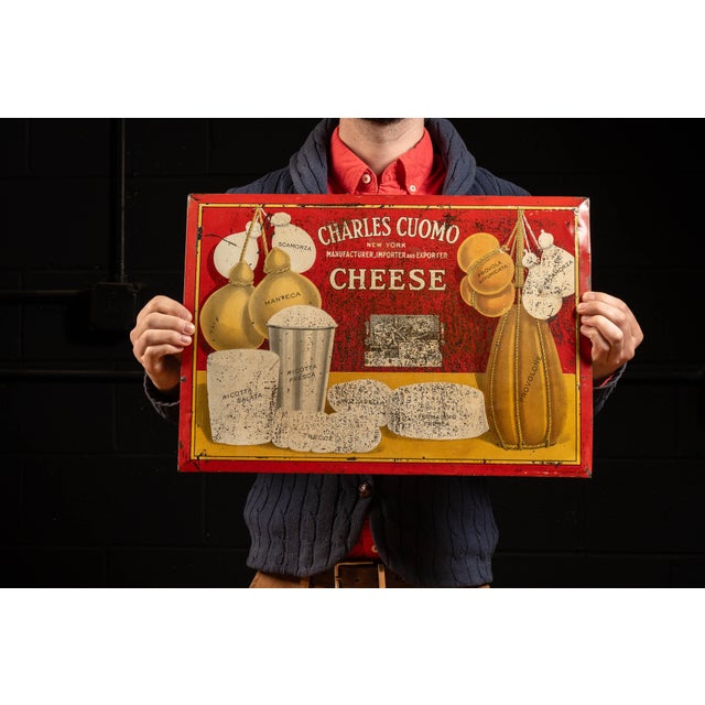 c. 1900s - 1910s; manufactured by Burdick Sign Co. for Cuomo Cheese Corp. - New York Antique tin over cardboard sign...