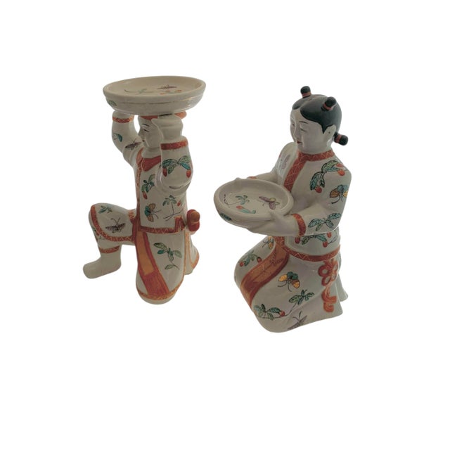 Asian Late 20th Century Porcelain Couple Figurine With Serving Trays- Set of 2 For Sale - Image 3 of 10