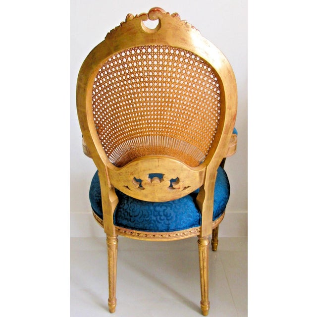 1940s 1940s French Louis XVI Style Fauteuil Chair Giltwood Frame Cane Oval Back Blue Fabric For Sale - Image 5 of 15