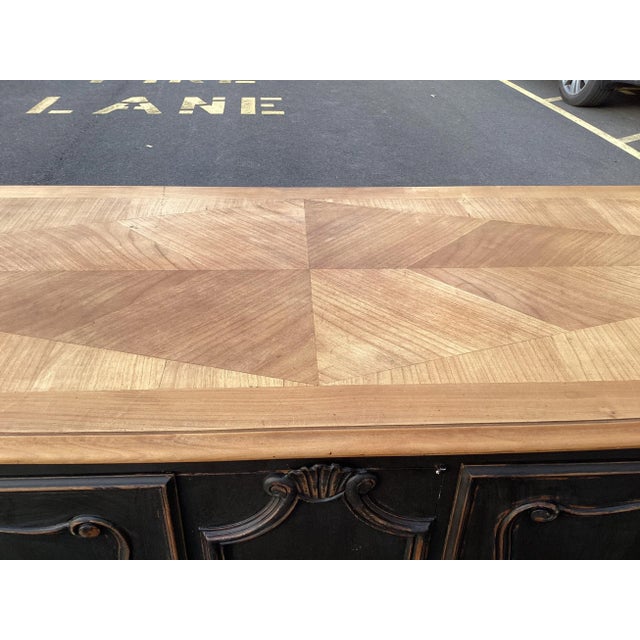 French Provincial French Black Credenza W/Natural-Wood Top For Sale - Image 3 of 7