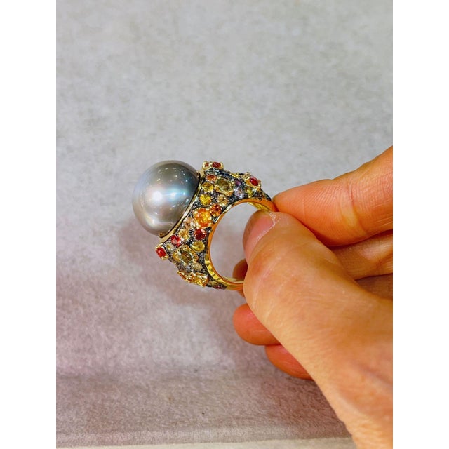 Bochic “Capri” Multi Sapphire & Tahiti Pearl Ring Set In 18K Gold & Silver Natural Sapphires From Sri Lanka - 7 Carats...
