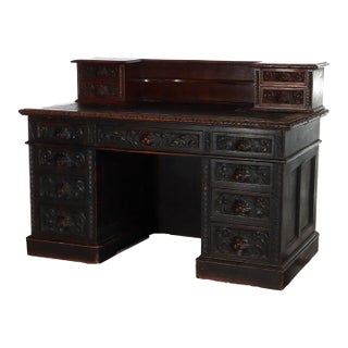 Antique Rj Horner Carved Oak Kneehole Desk With Figural Carved Pulls C1910 For Sale